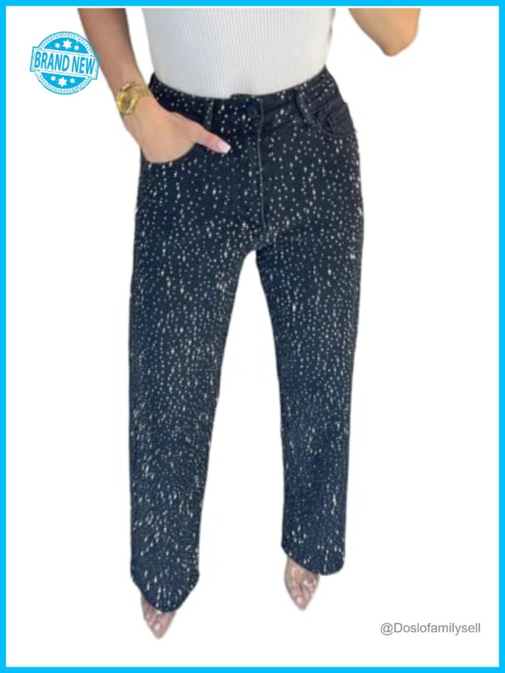 Women's Straight Leg Rhinestone Embellished Boyfriend Jeans Bling Denim Pants